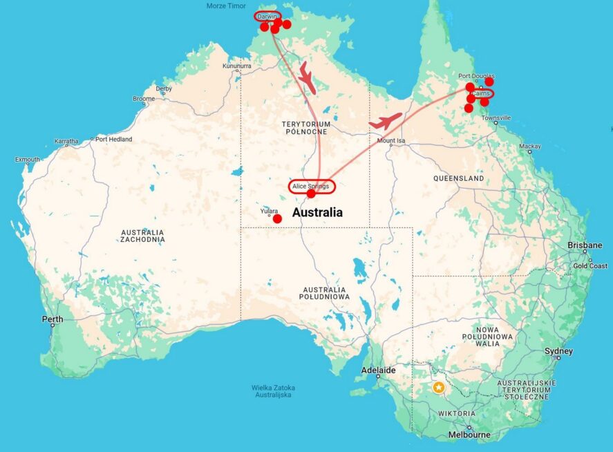 Mapa trasy wyprawy przyrodniczej do Australii