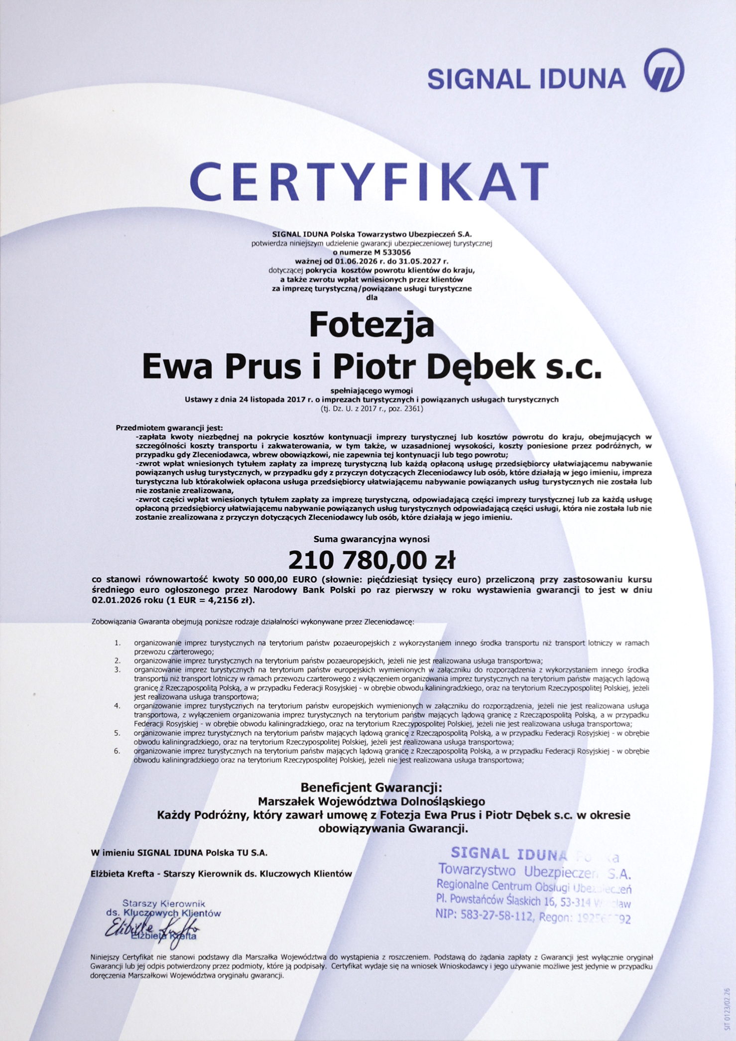 Fotezja jest legalnym biurem podróży, certyfikat gwarancji ubezpieczeniowej