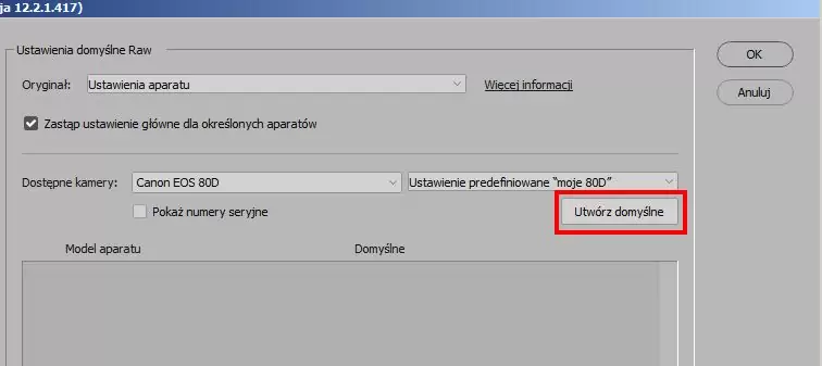 ustawienia domyślne Camera Raw 12.2