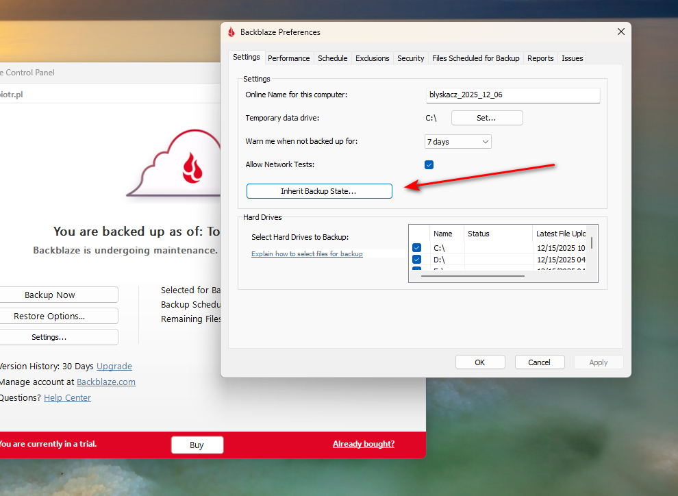 Backblaze Inherit Backup state, jak przenieść konto Backblaze na nowy komputer