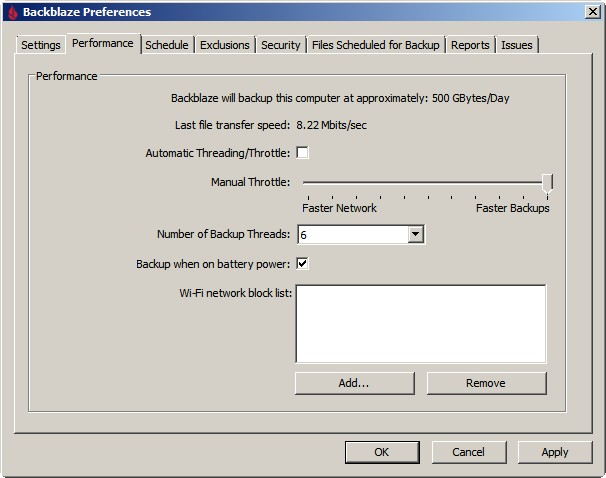 Backblaze - Settings - Performance - ustawienia wydajności tworzenia kopii bezpieczeństwa w chmurze