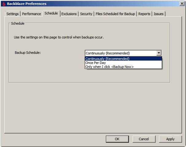 Backblaze - opcja Schedule - częstotliwość wykonywania kopii, backup fotografii online