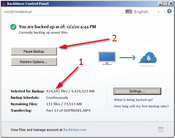 Backblaze - pauzowanie tworzenia kopii, backup zdjęć online