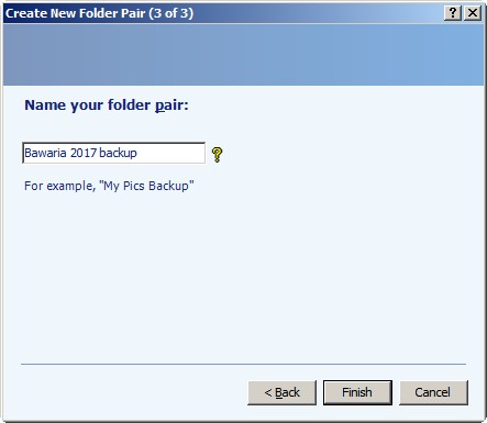 SyncToy - zatwierdzenie zestawionej pary folderów, kopia bezpieczeństwa zdjęć