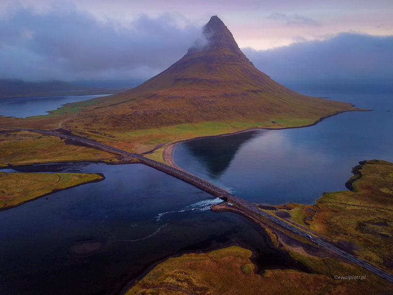 Góra Kirkjufell z drona, Islandia, latanie dronem a pogoda