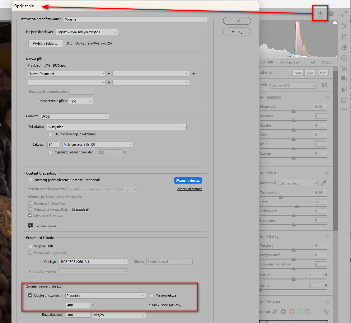 Photoshop ustawienia eksportu rawa