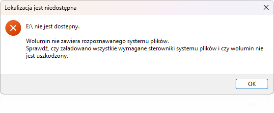 Okno z pytaniem o dysk RAW, StrongRecovery, jak odzyskać zdjęcia z karty SD