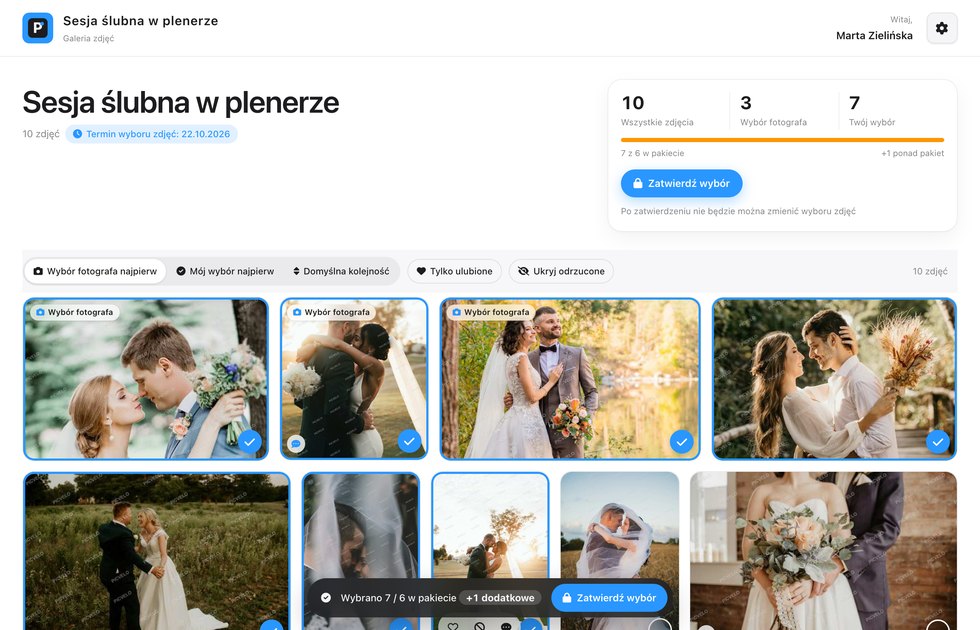 Wybór zdjęć przez klienta w galerii online, Picvelo, wybór klienta