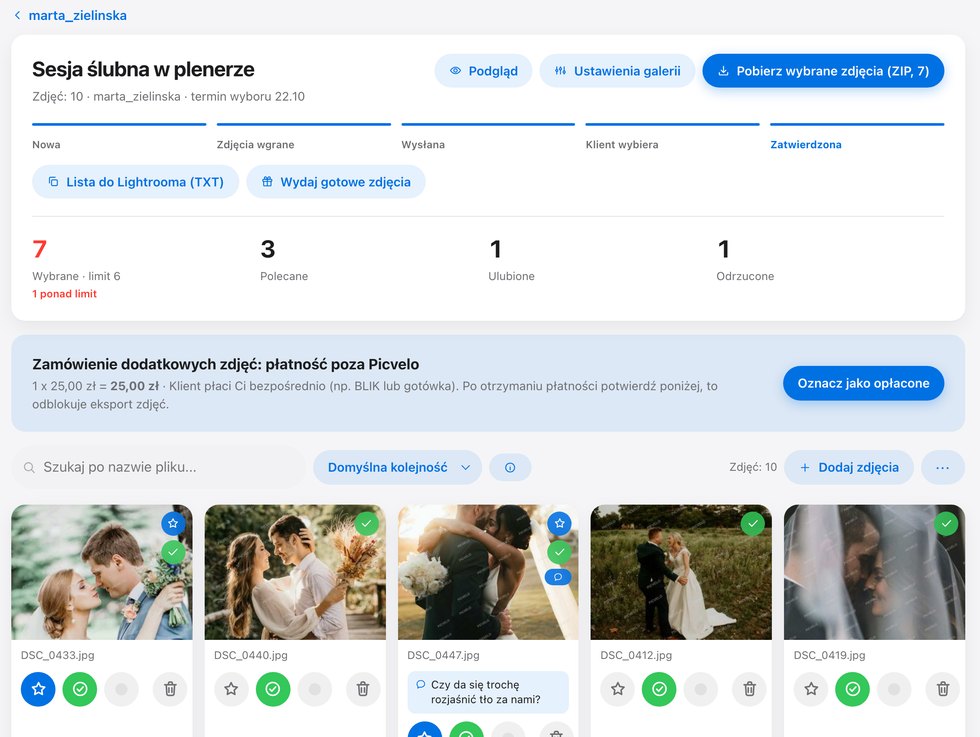 Wybór zdjęć przez klienta w galerii online, Picvelo
